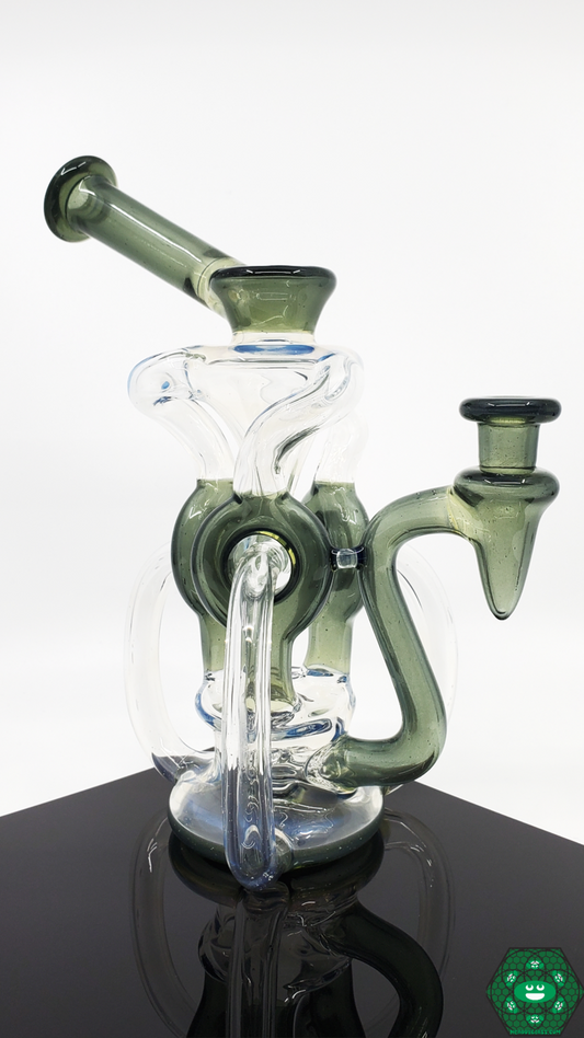 OTW Glass Ghosted Ghost TDTDR Recycler – 8-inch glass rig with 7-hole perc, triple uptake, single drain, and 10mm female 90° joint for smooth hits.