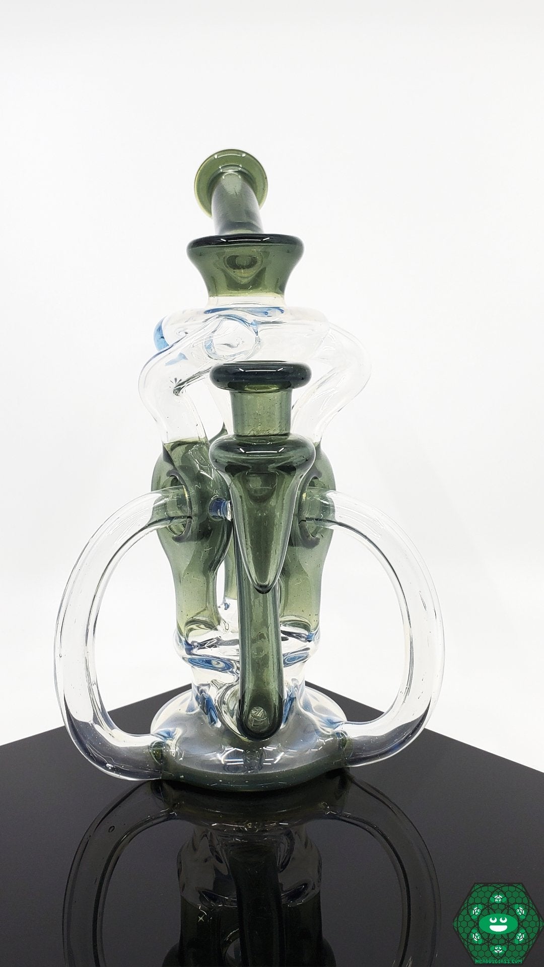 OTW Glass Ghosted Ghost TDTDR Recycler – 8-inch glass rig with unique 7-hole perc design, triple uptake, and single drain for premium filtration.