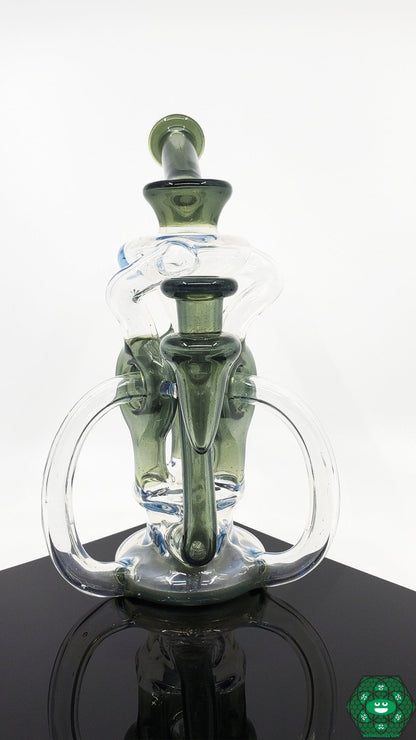 OTW Glass Ghosted Ghost TDTDR Recycler – 8-inch glass rig with unique 7-hole perc design, triple uptake, and single drain for premium filtration.