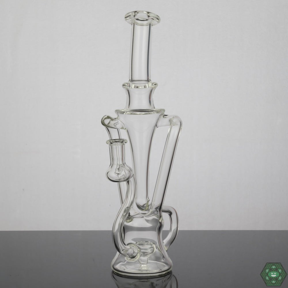 Prophecy Glass Recycler #9, 14MM dual uptake dab rig with artistic design and smooth pulls, sleek and artistic, dual uptake for smooth, continuous hits, 14MM joint for versatility, perfect for those seeking function and aesthetic.


