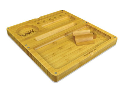 RAW Backflip Wooden Rolling Tray, featuring a magnetic folding design for portability, made from quality wood, perfect for easy and organized rolling anywhere.