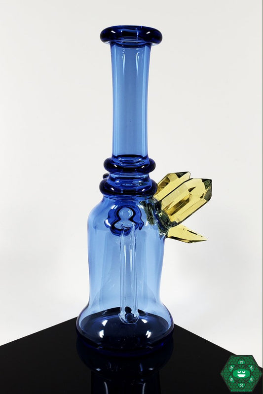 Raya Glass Blue Dream Crystal Mini Tube – 14mm joint, 2-hole perc, and smooth blue finish with crystal cluster, ideal for efficient dabbing.