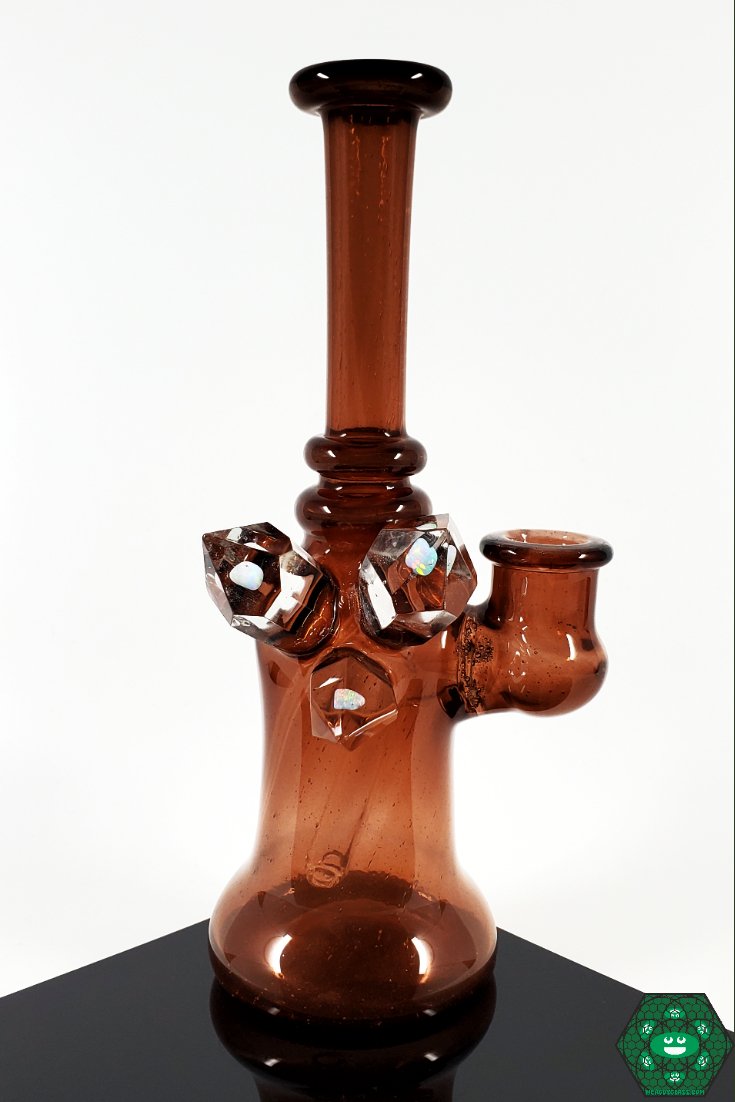 Raya Glass Dark Orange Phoenix Mini Tube – 14mm joint, 2-hole perc, and unique crystal cluster with a vibrant dark orange finish for smooth hits.

