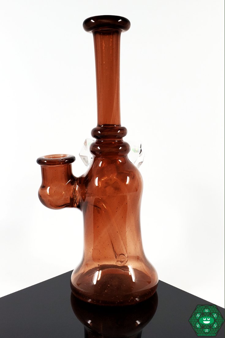 Raya Glass Dark Orange Phoenix Mini Tube – Collectible mini rig featuring a 14mm joint, 2-hole perc, and unique crystal cluster accent for a statement piece.

