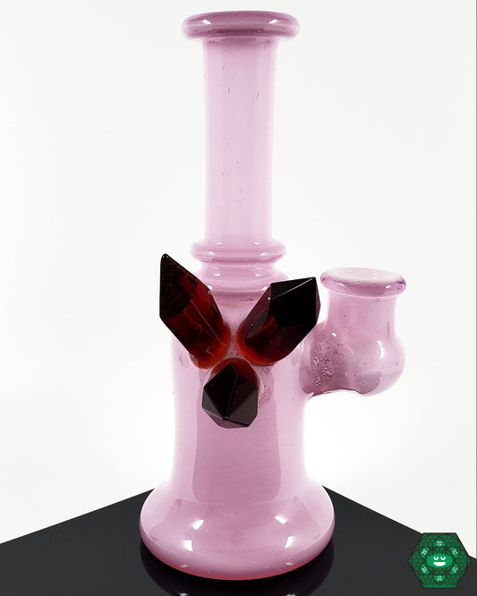 Raya Glass Pink Satin Clear-Dipped Mini Tube – 14mm joint, 2-hole perc, and unique crystal accent for smooth, flavorful dabbing.