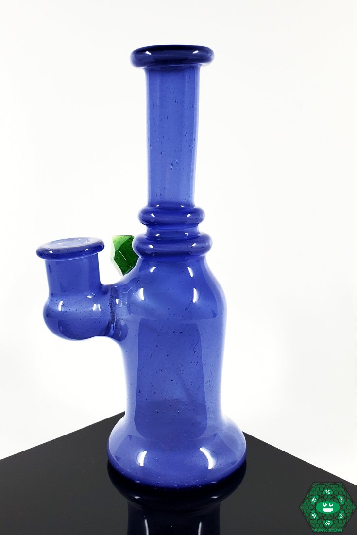 Raya Glass Pink Satin Clear-Dipped Mini Tube – Compact 6.75-inch rig with 14mm joint, crystal cluster, and unique satin finish for a functional and stylish dabbing rig.