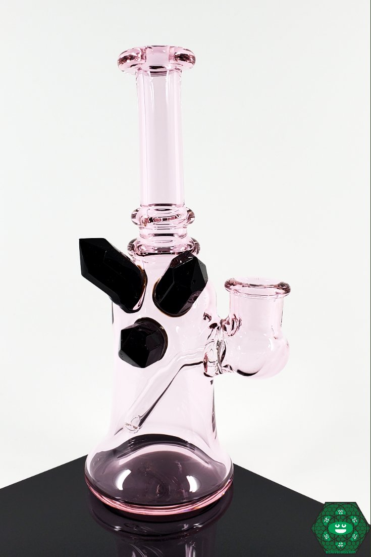 Raya Glass Rose Quartz Mini Tube – 14mm joint, 2-hole perc, and crystal cluster accent, offering a blend of style and performance
