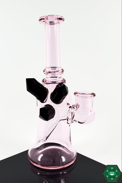 Raya Glass Rose Quartz Mini Tube – 14mm joint, 2-hole perc, and crystal cluster accent, offering a blend of style and performance