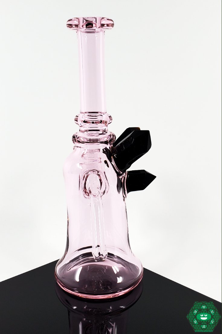 Raya Glass Rose Quartz Mini Tube – Elegant rose quartz finish with a crystal cluster accent, 14mm joint, and 2-hole perc for smooth, efficient dabbing