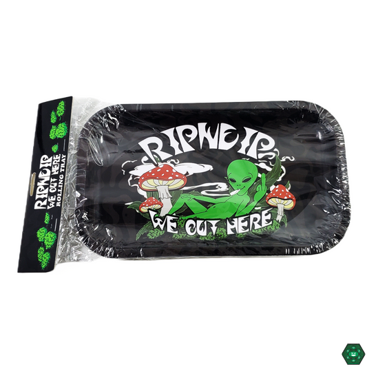A rolling tray with a prominent Rip Dip logo. The tray is made of a polished black metal, providing a clean and sleek surface for rolling. The Rip Dip logo is printed with their signature style and colors, creating a vibrant focal point. The lighting is bright, casting subtle reflections on the tray, enhancing the smooth texture.