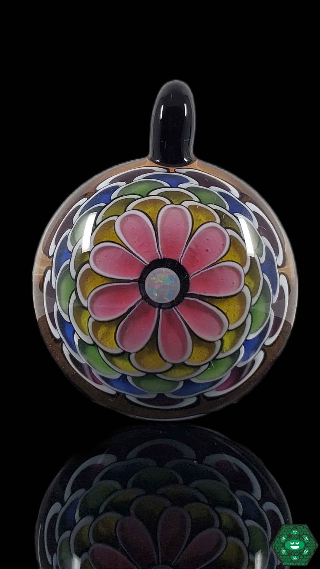  RL Dots 6-Row Rainbow Pendant, showcasing intricate color work and layering, with a radiant display of rainbow colors, a bold statement piece perfect for those who love detailed glass artistry and layered design.
