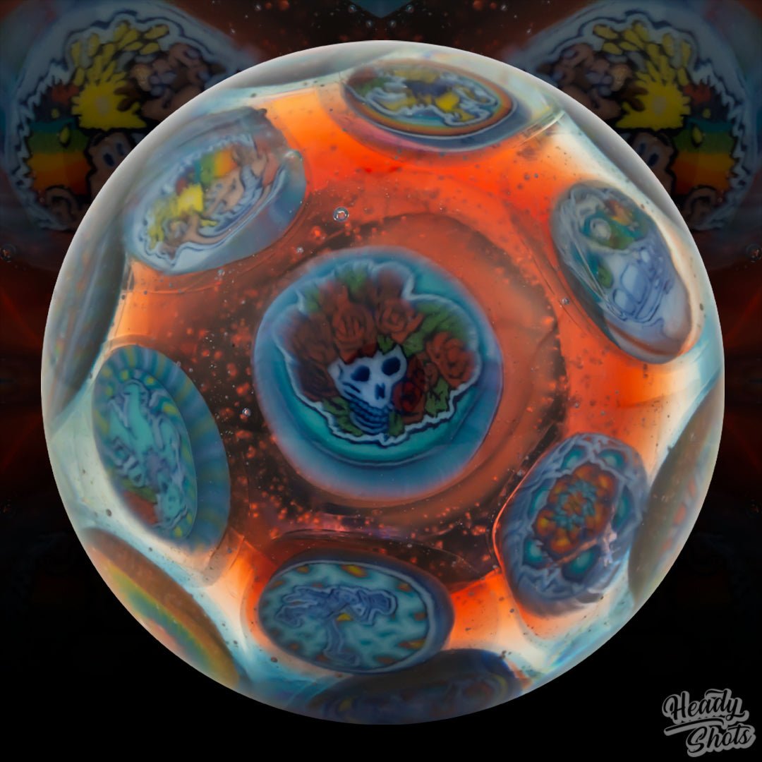 Close-up view of the Rose Roads Glass Marble, highlighting the intricate details and vibrant hues.