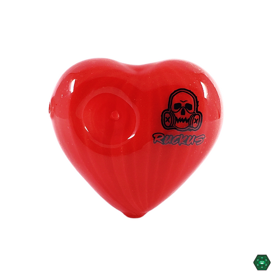 Ruckus Glass Heart Spoon, a charming heart-shaped glass pipe designed for a stylish, one-of-a-kind smoking experience.
