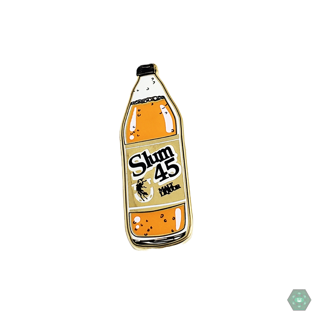  Slum Gold 'Slum 45' Hat Pin featuring a unique, bold design in durable enamel, perfect for fans and collectors looking to add a standout piece to their collection.