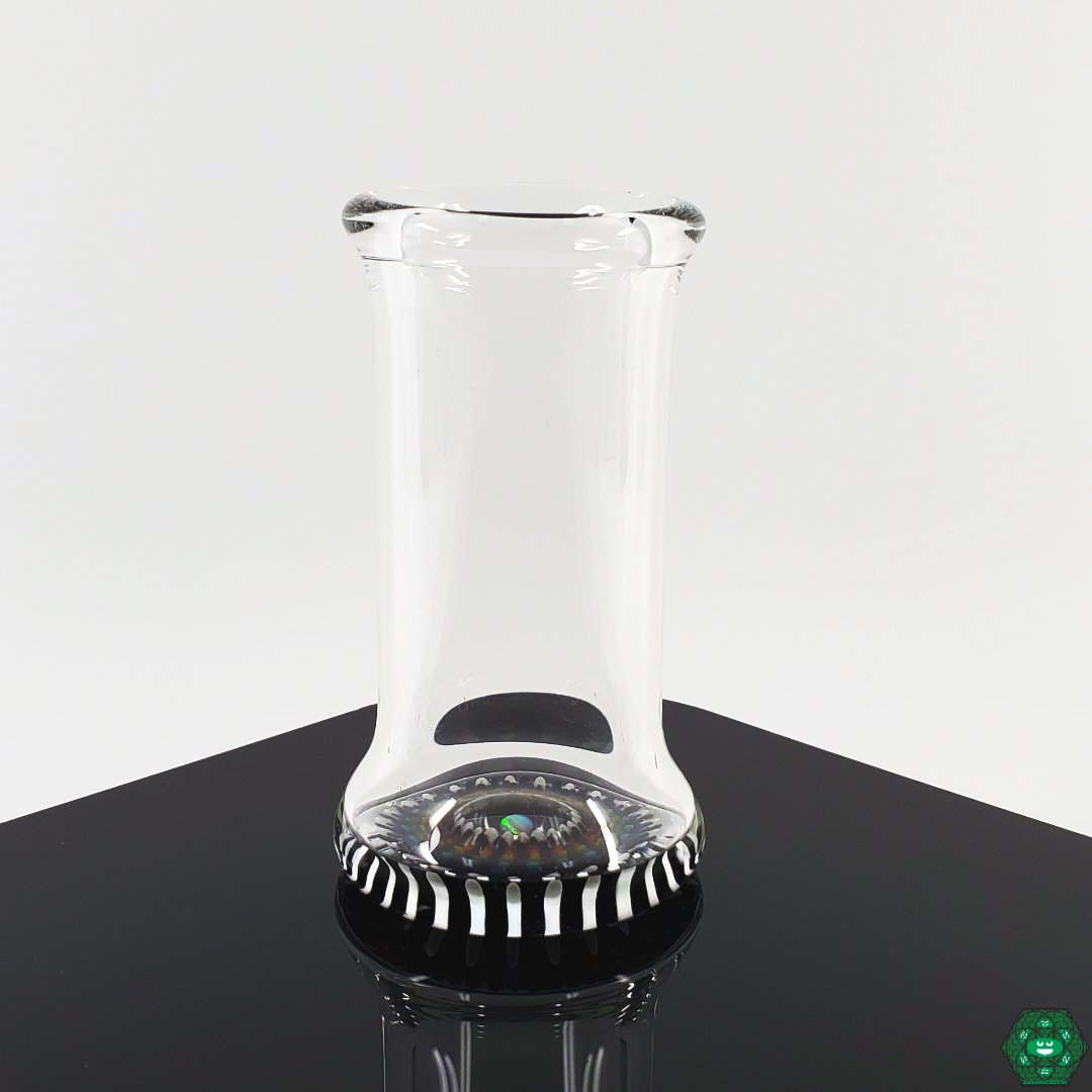Steve H - Dot Work Implosion Shot Glass, featuring intricate dot work implosion art on the base, blending functionality with collectible appeal, standing at 2.75” tall with a 1.5”-1.75” diameter, a perfect choice for enthusiasts of handcrafted glassware, ideal for display or everyday use.