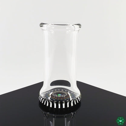 Steve H - Dot Work Implosion Shot Glass, featuring intricate dot work implosion art on the base, blending functionality with collectible appeal, standing at 2.75” tall with a 1.5”-1.75” diameter, a perfect choice for enthusiasts of handcrafted glassware, ideal for display or everyday use.