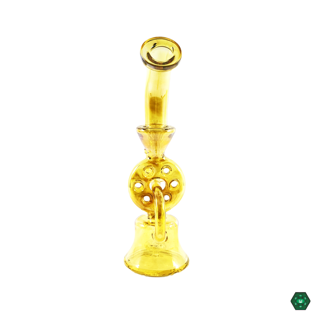 Swiss Perc Banger Hanger in hand, demonstrating its compact design and ease of use with a 14mm joint, making it perfect for smooth, enjoyable hits.