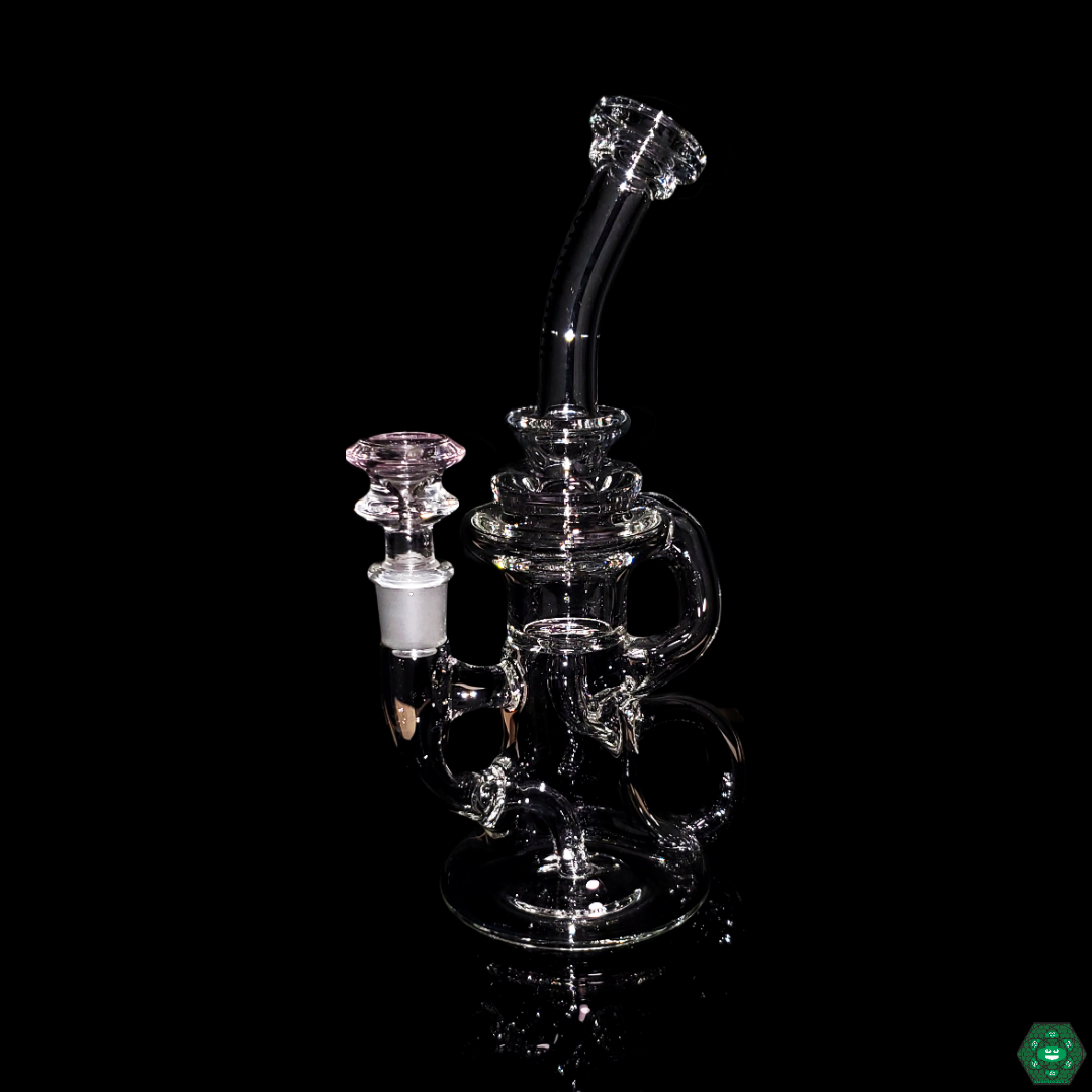  Symbiartic Glass 8" Klein featuring a 6-hole perc, single uptake, and single drain for smooth filtration, designed with a 14MM female 90-degree joint and a 14MM male slide.