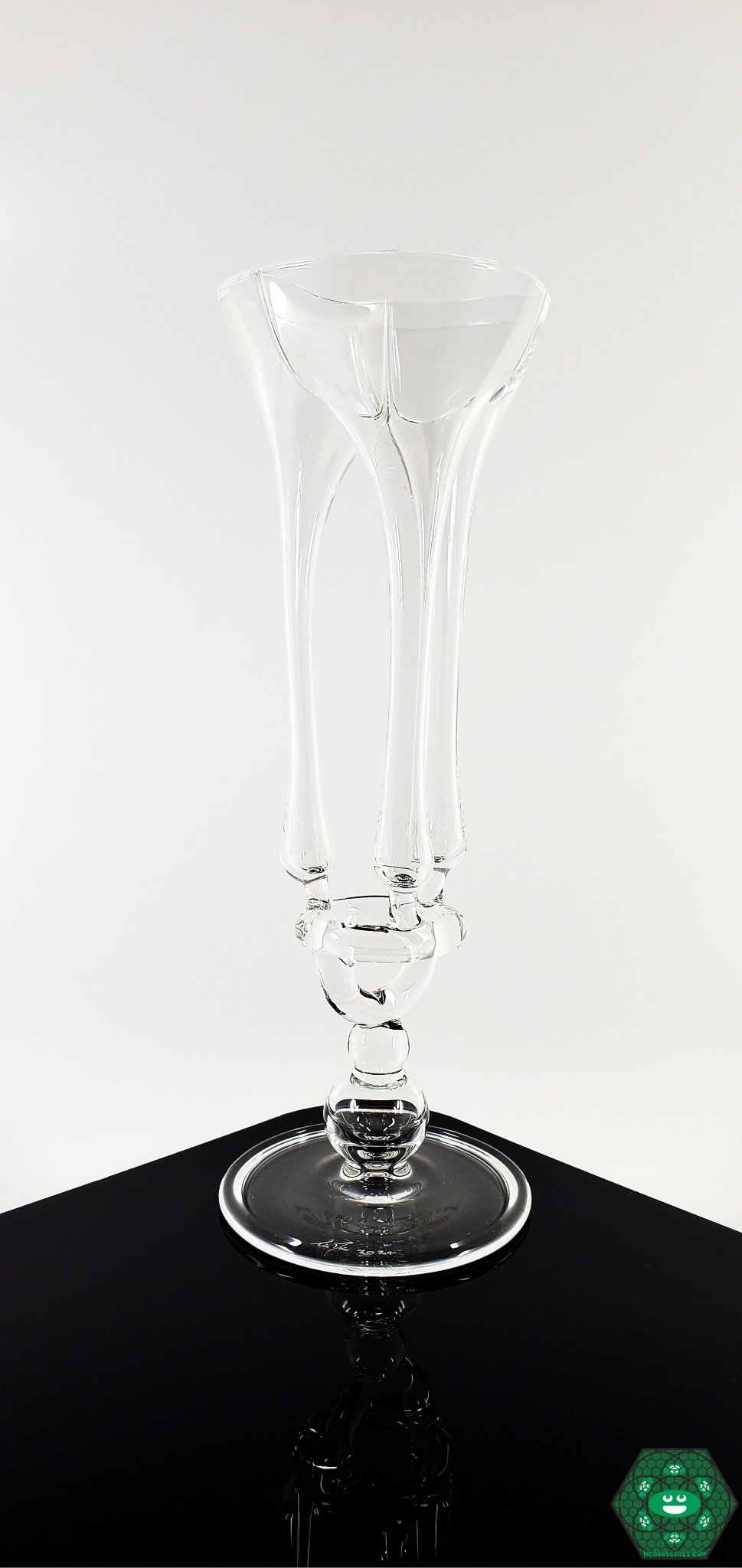 Tim Drier Try-Pod Cup, a unique handcrafted glass cup featuring a one-of-a-kind try-pod design, holding 2 fl oz, blending functionality with artistry, compact size: 8.25" height and 3" diameter for easy handling, perfect for collectors of unique glass art pieces.