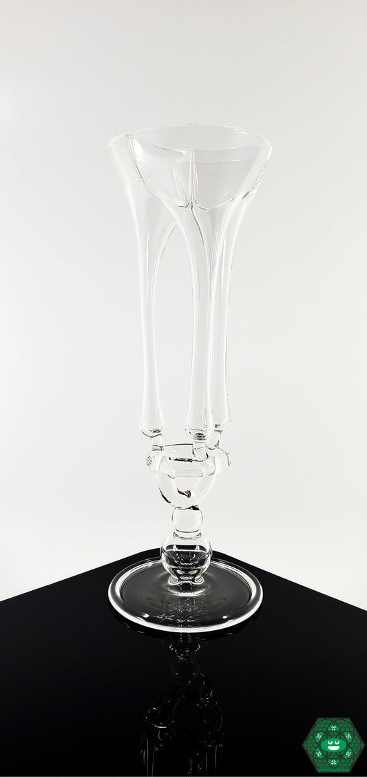 Tim Drier Try-Pod Cup, a unique handcrafted glass cup featuring a one-of-a-kind try-pod design, holding 2 fl oz, blending functionality with artistry, compact size: 8.25" height and 3" diameter for easy handling, perfect for collectors of unique glass art pieces.