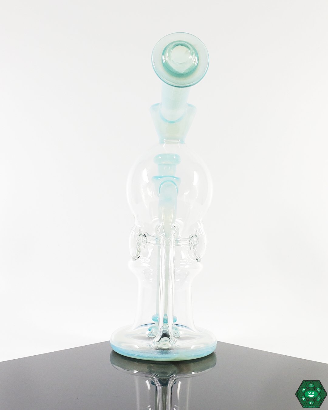Triple Uptake Glass Recycler: The OM Glass Co Blooper, designed for high-quality airflow and smooth hits with its innovative triple uptake system and elegant Zen over white satin finish.