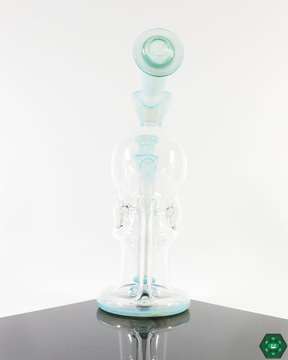 Triple Uptake Glass Recycler: The OM Glass Co Blooper, designed for high-quality airflow and smooth hits with its innovative triple uptake system and elegant Zen over white satin finish.
