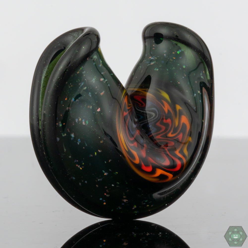Wig-Wag Glass Pendant with Opal and UV: This unique pendant showcases a vibrant wig-wag design, complemented by crushed opal and stunning UV accents, creating a captivating and eye-catching piece.