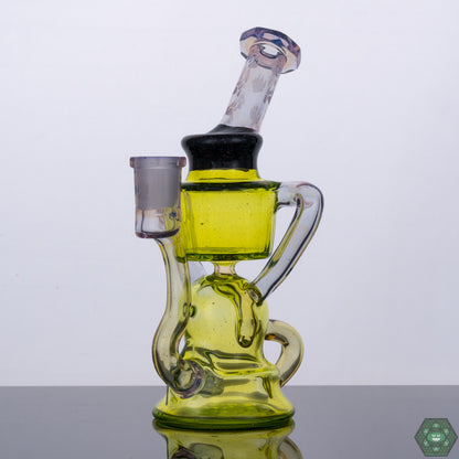 Wolfe Glass Double Single External Drain Recycler, a handcrafted 14mm dab rig featuring an external drain design for unique airflow and optimal filtration, a faceted finish blending style and performance seamlessly, ideal for collectors looking for functional art in their glassware.